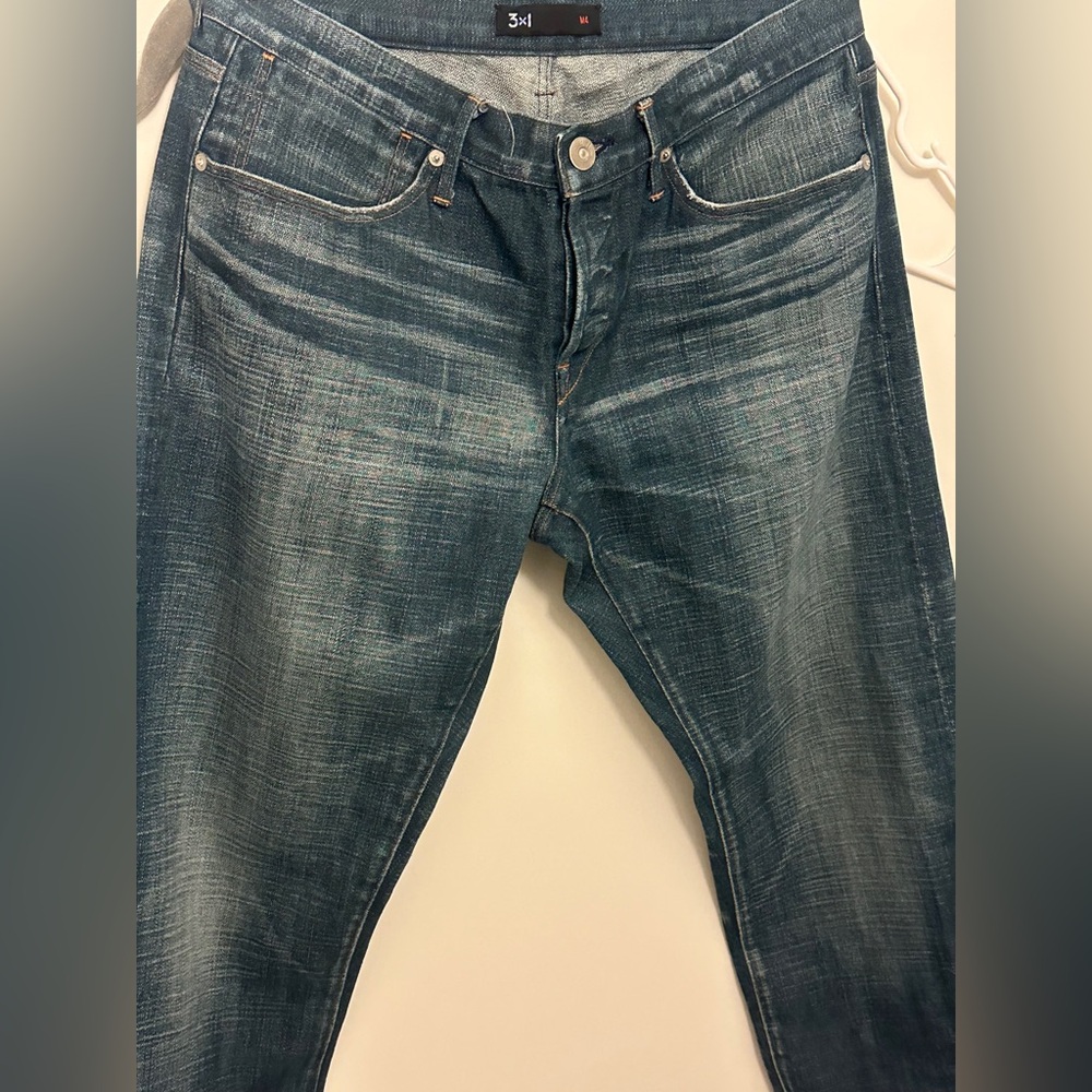 3x1 Men's Distressed Blue  straight selvedge Jeans sz 33x 32